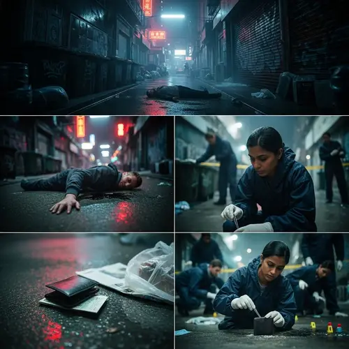 Suspenseful Crime Scene Storyboard in Dimly Lit Alley | Forensic Detective Unravels Mystery