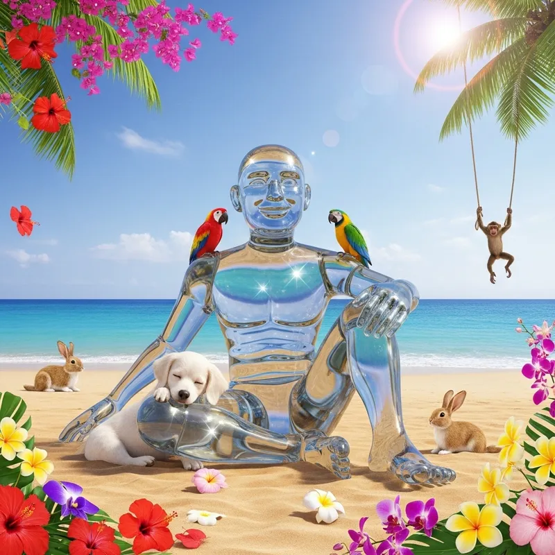 Sunny Beach Scene with Glass Figure, Flowers, and Pets Sunny Beach Scene with Glass Figure, Flowers, and Pets