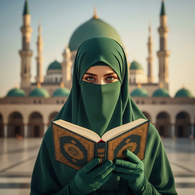 Elegant Muslim Woman in Green Niqab with Open Quran
