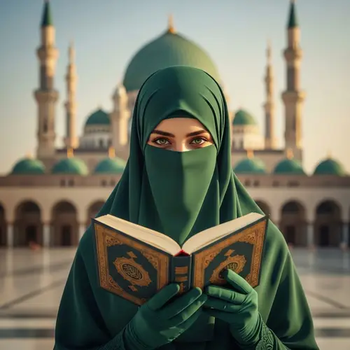Elegant Muslim Woman in Green Niqab with Koran by Mosque