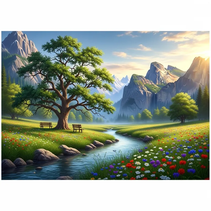 Serene Meadow and Majestic Oak Tree | Peaceful Landscape View