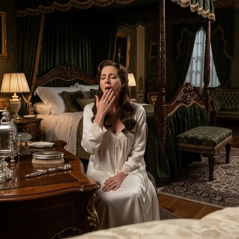 Regal Monarch Yawning: Elegant Bedtime Yawn in Royal Bedroom