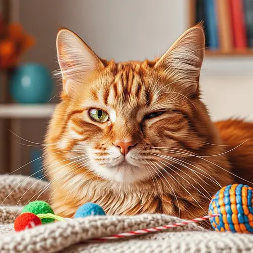Playful Cat Winking: Fluffy Fur and Long Whiskers