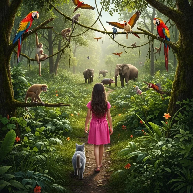 Realistic Jungle Scene: Girl and Cat in Wilderness