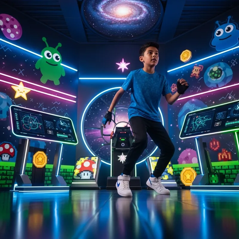 Hispanic Boy in Futuristic Space-Gaming Gym