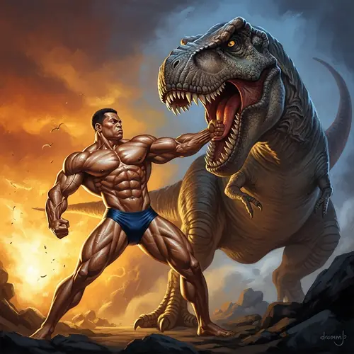 Muscular Bodybuilder vs. T-rex Showdown in Comic Art Style