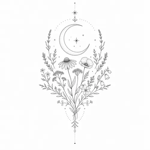 Delicate Fine-Line Wildflower & Crescent Moon Tattoo