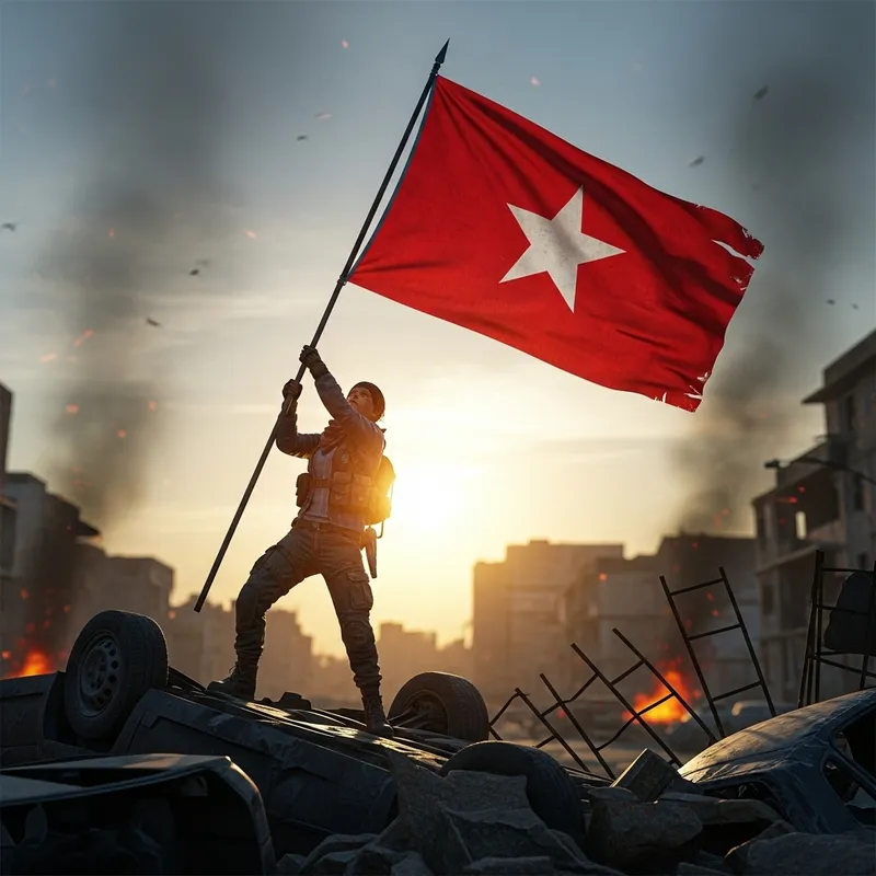 Fighter Raising Red Flag with White Star