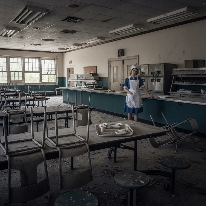 Eerie Abandoned School Cafeteria with Ghostly Lunch Lady Watching