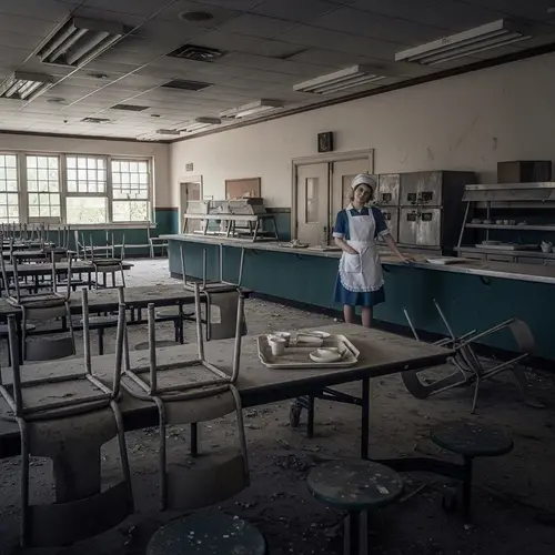 Eerie Abandoned School Lunch Room with Ghostly Lunch Lady