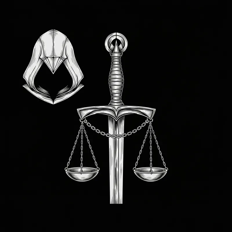 Medieval Sword with Hanging Scales and Assassin's Hood on Guard