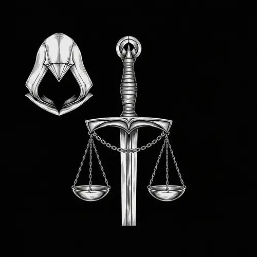 Medieval Sword with Hanging Scales and Assassin's Hood