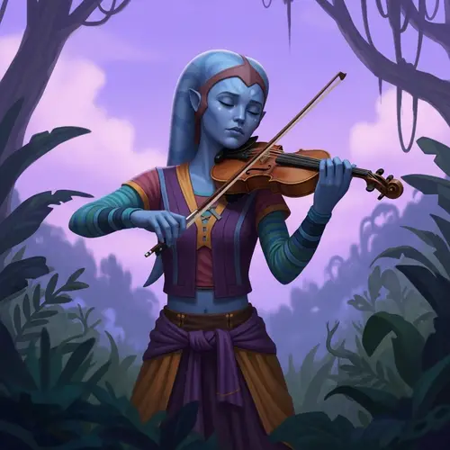 Twi'lek Female Playing Violin in Enchanting Alien Setting