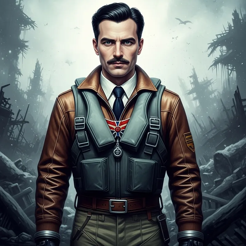 Giger-Style German Pilot Amid Devastation - Dark-Haired Mustachioed Character