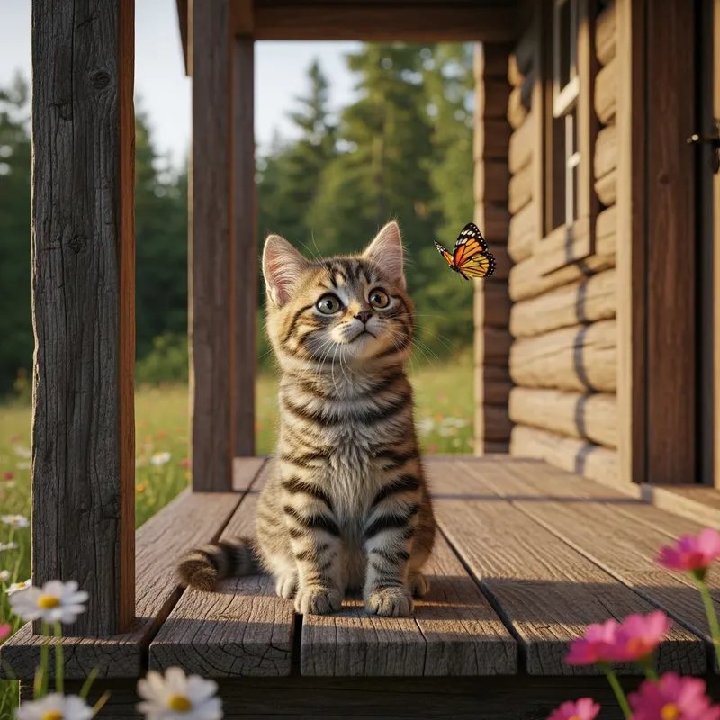 Serene Fluffy Tabby Cat Watching Butterfly on Cabin Porch