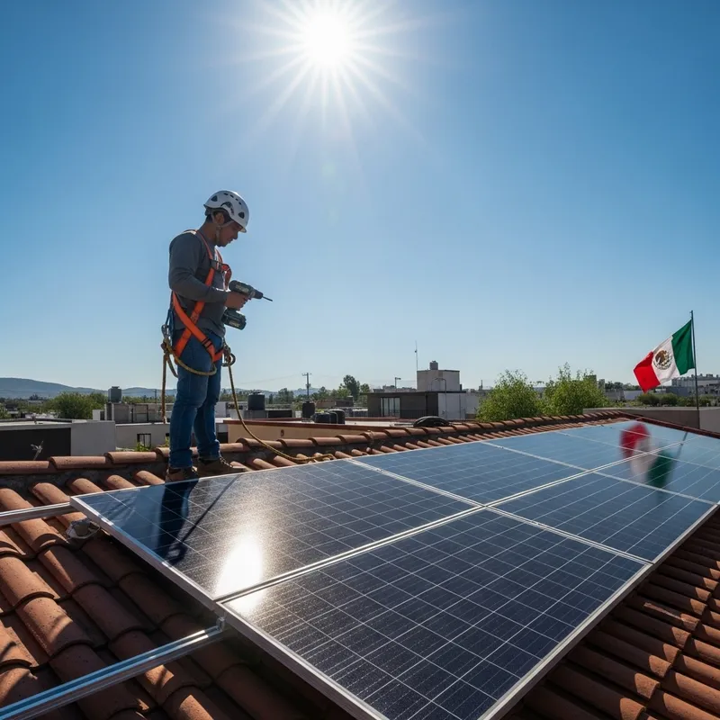 Hispanic Man Installing Solar Panels in Mexico