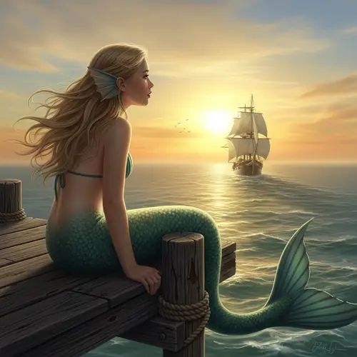 Melancholic Mermaid Watching Ship at Sunset