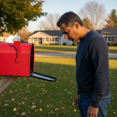 Despondent South Asian Man at Vacant Red Mailbox in Suburban Setting
