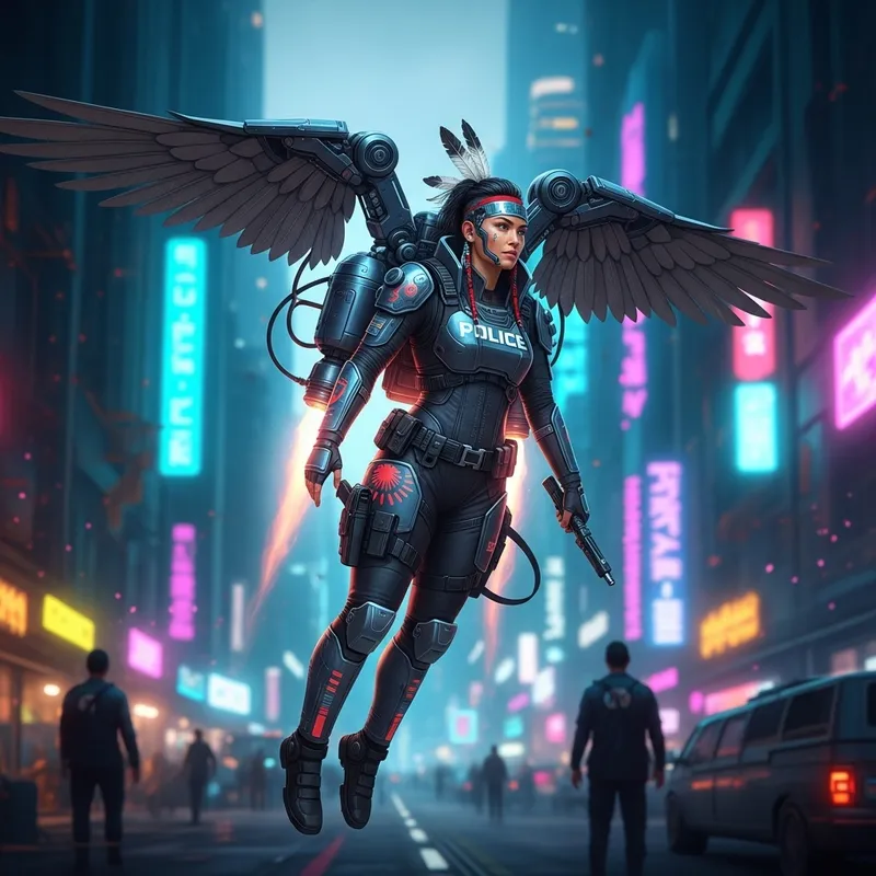 Cyberpunk Native American Police Officer with Jetpack Cyberpunk Native American Police Officer with Jetpack