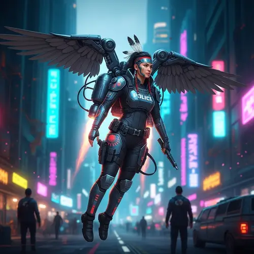 Cyberpunk Native American Police Officer with Jetpack