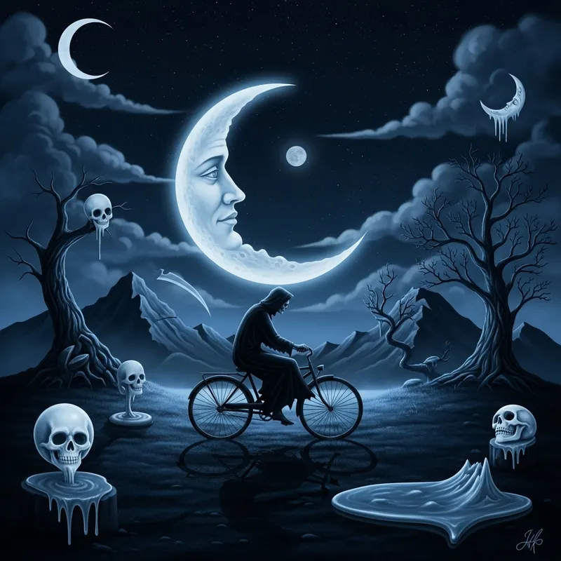 Whimsigoth Grim Reaper Riding Bicycle Under Moonlight | Surreal Art