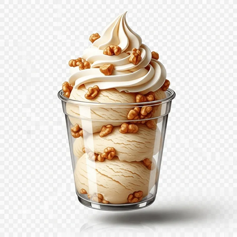 Creamy Vanilla Ice Cream Cup with Whipped Cream and Walnuts