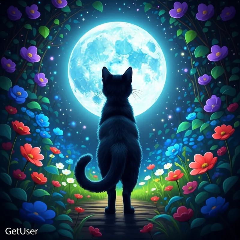 Mystical Black Cat in Enchanted Moonlit Garden