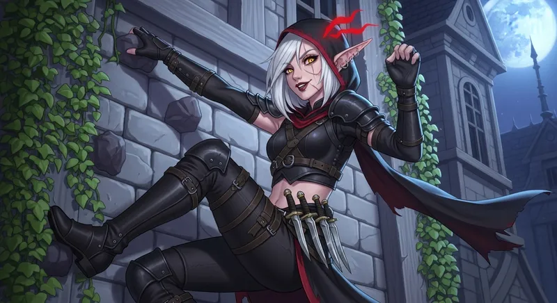 Moonlit Elf Girl Wall Climbing Art - Spider-like Agility Sketch