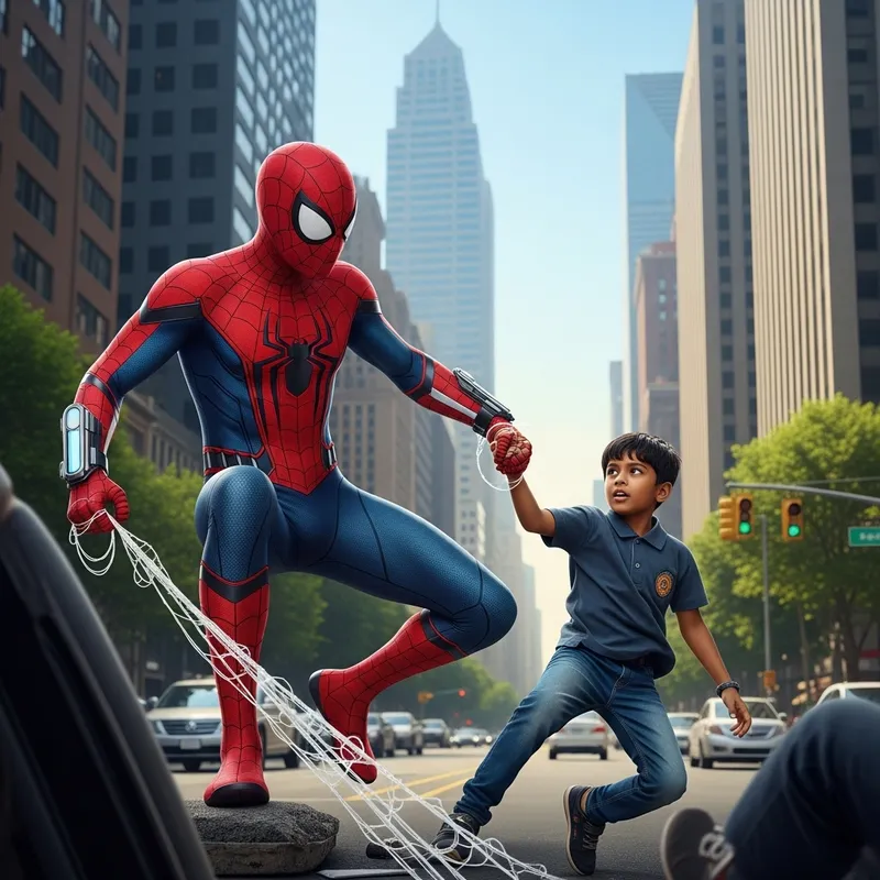 Spider-Man Rescues Boy in Cityscape
