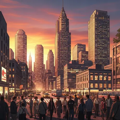 Vibrant Cityscape at Sunset: Towering Skyscrapers, Diverse Buildings