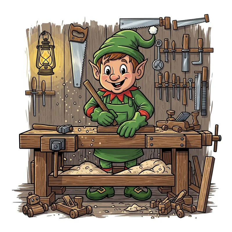 Christmas Elf Carpenter | Festive Workshop Cartoon Illustration Christmas Elf Carpenter | Festive Workshop Cartoon Illustration