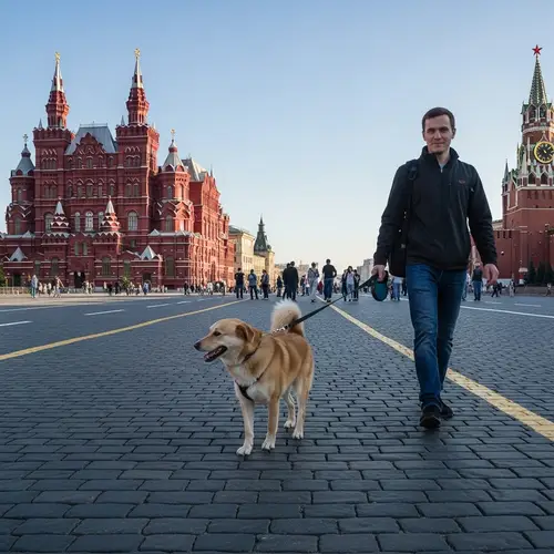 Red Square Dog Walking Scene - Serene Architecture View