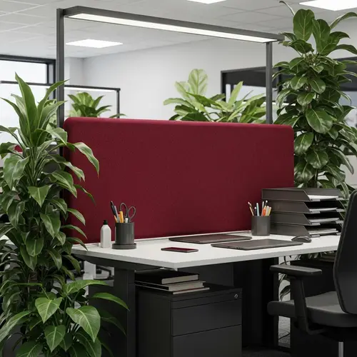 Office Workstation Setup with Dark Red Felt Acoustic Screen