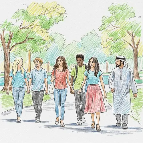 Young People Strolling Through Vibrant Park Sketch