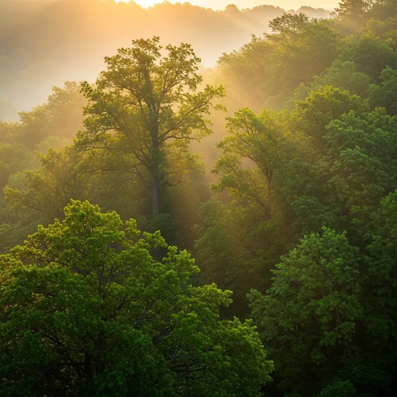 Serene Sunrise in Lush Mountain Forest - Ethereal Nature Beauty Serene Sunrise in Lush Mountain Forest - Ethereal Nature Beauty