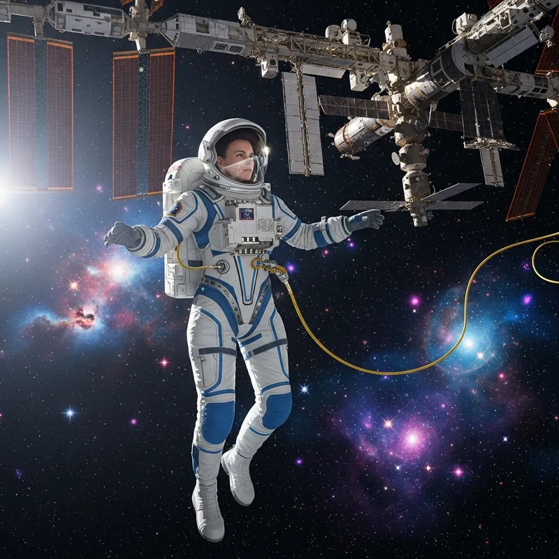 Female Astronaut in Space - Captivating Orbital Scene Female Astronaut in Space - Captivating Orbital Scene