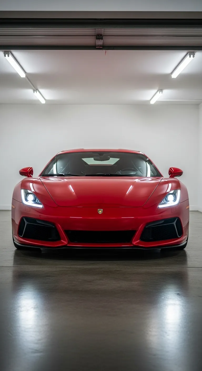 Detailed Front View of Sleek Red Ferrari in Garage