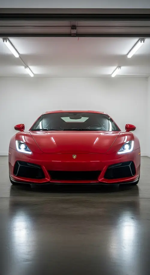 Sleek Red Ferrari: Luxury Sports Car Front View in Garage
