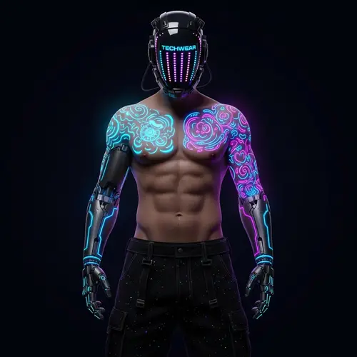Futuristic Cyberpunk Artwork: Neon Tattoos & Techwear Helmet