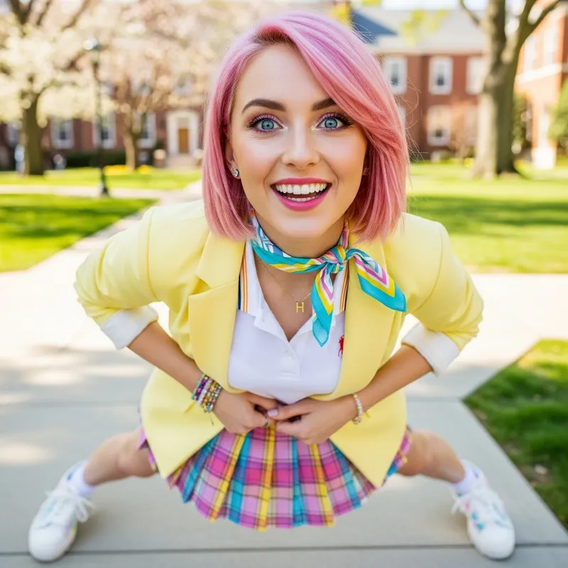 Preppy Style Girl with Short Pink Hair & Blue Eyes