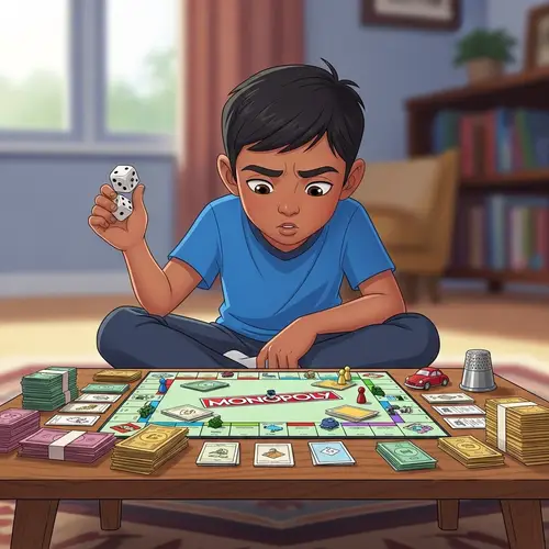 Young South Asian Boy Playing Monopoly with Dice