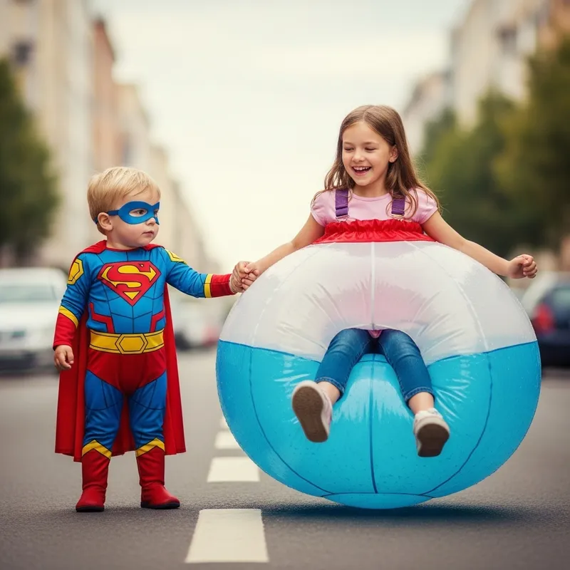 Super Toddler Superhero with Joyful Girl in Unique Scene