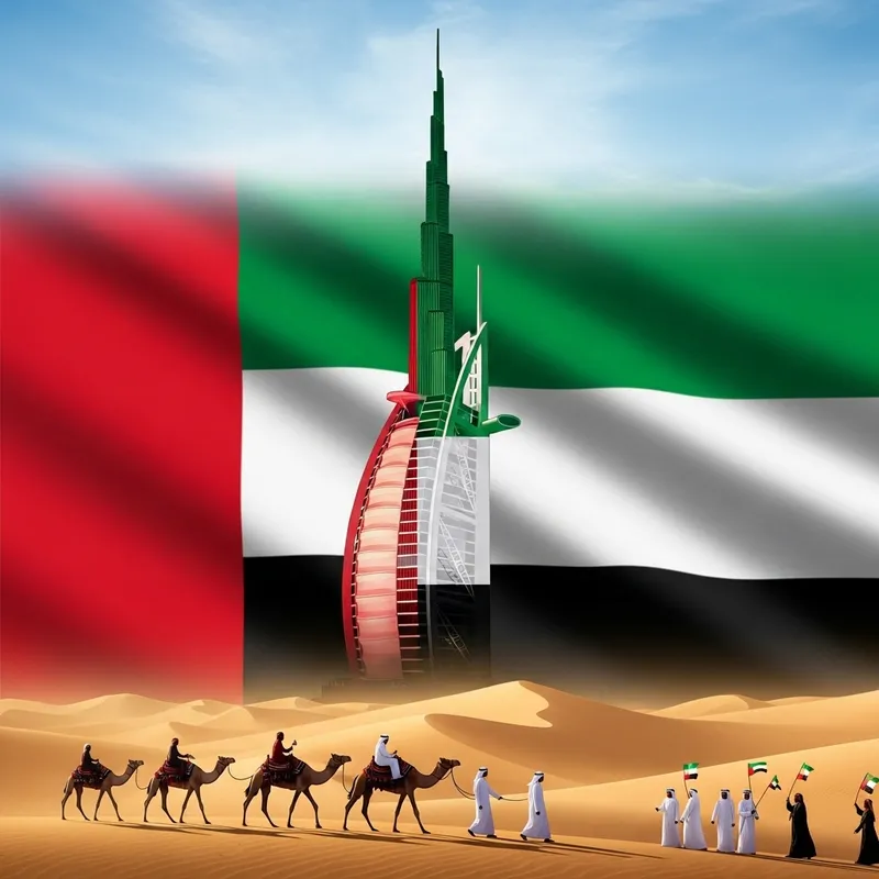 Colorful UAE Flag Poster with Burj Khalifa, Camels, and Celebrating People Colorful UAE Flag Poster with Burj Khalifa, Camels, and Celebrating People