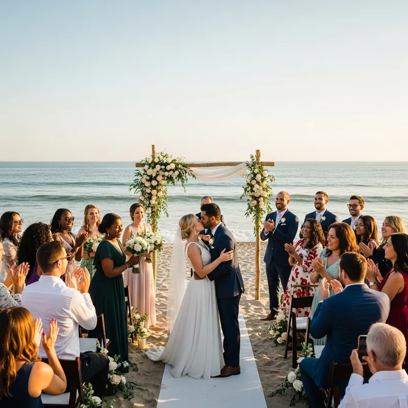 Beach Wedding Celebration | crowd-cheered Newlyweds' Romantic Kiss