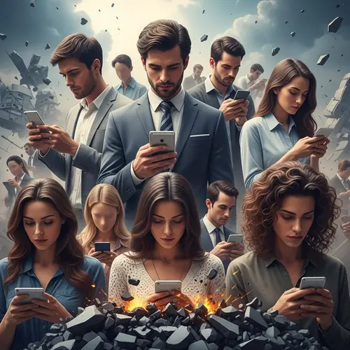 Faceless Individuals Engrossed in Handheld Devices Amid Crumbling World