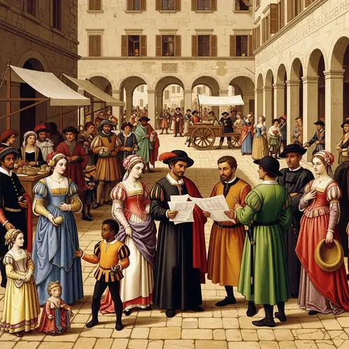 Renaissance Town Square with Diverse Characters in Traditional Attire