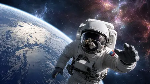 Cinematic Astronaut in Space with Earth and Nebula