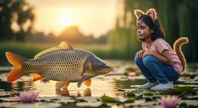 German Carp and Cat-Girl: A Serene Pond Scene