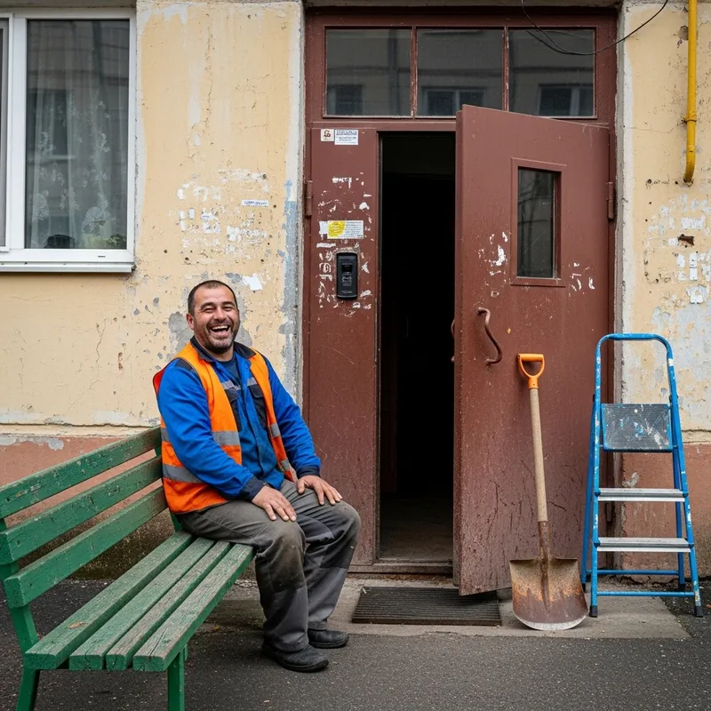Khrushchyovka Entrance: Laborer Laughing by Open Door Khrushchyovka Entrance: Laborer Laughing by Open Door