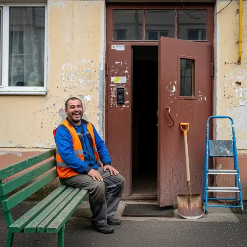 Khrushchyovka Entrance: Laborer Laughing Near Open Door